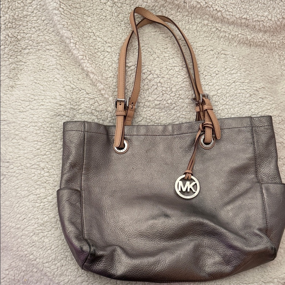 Michael Kors Metallic Gray Tote with Tan Straps